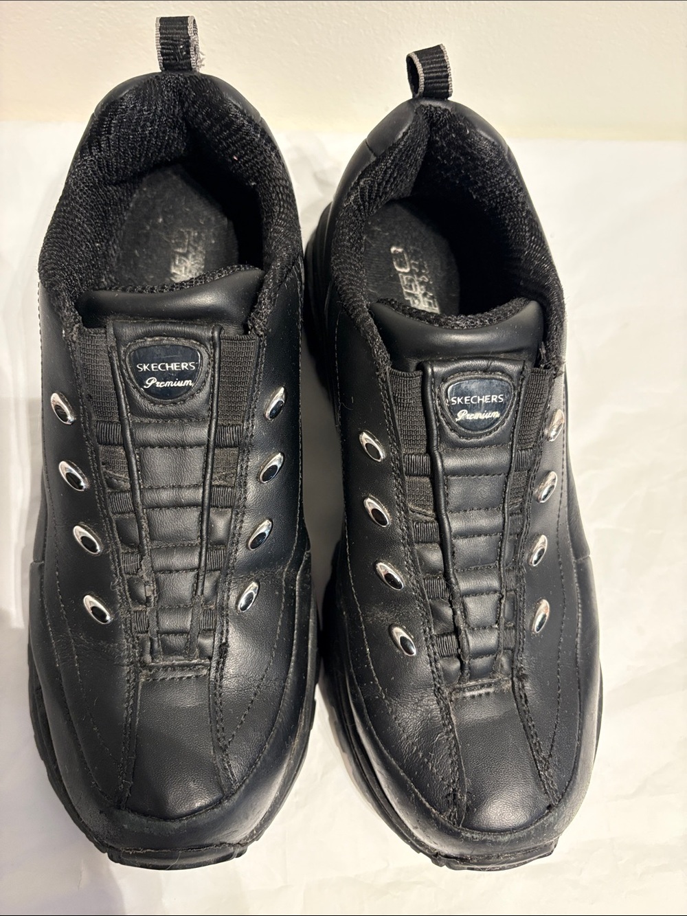 Skechers Women’s Black Slip-On Athletic Sneakers with Silver Eyelets - Picture 2 of 8